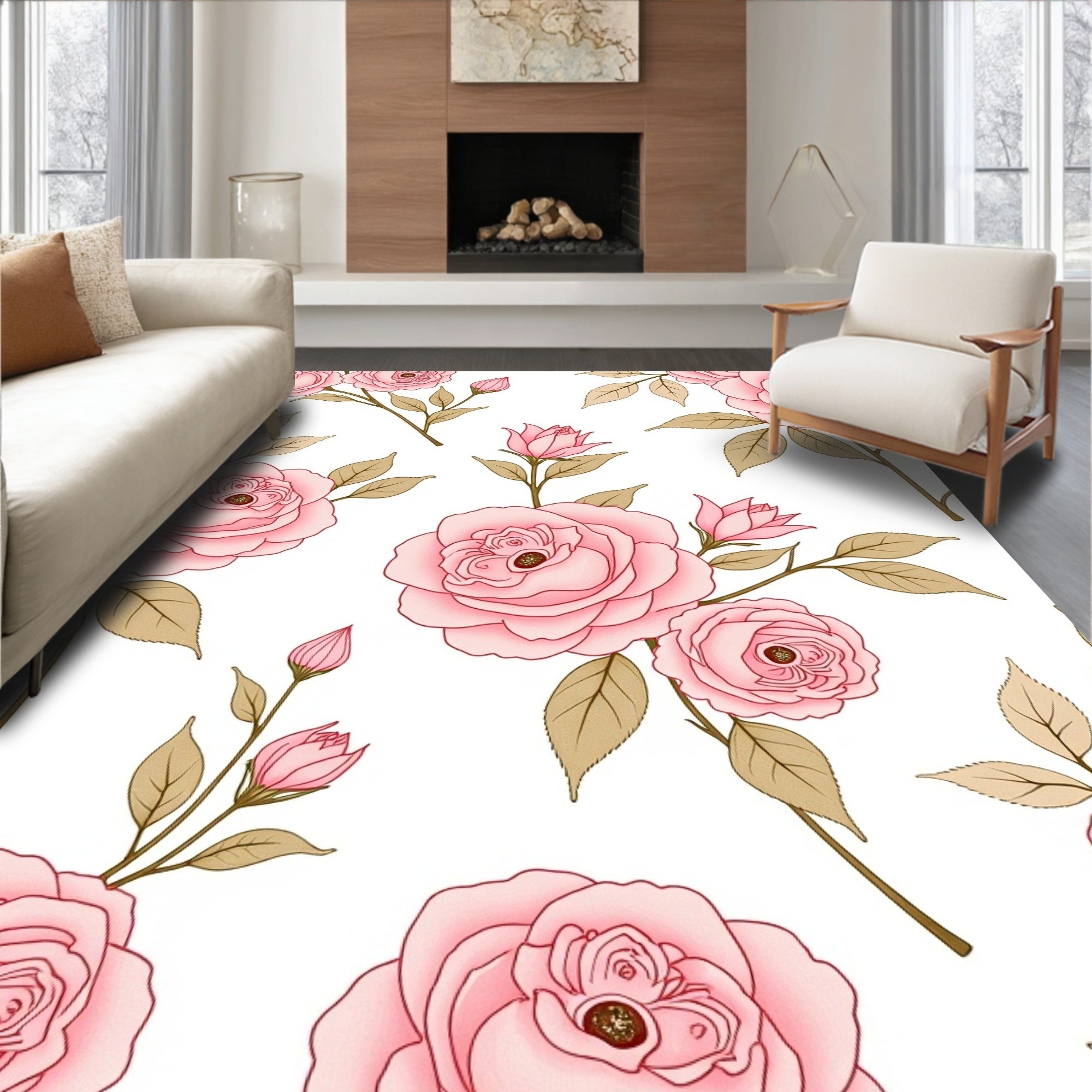 Pink Rose Patterned Artistic Rug