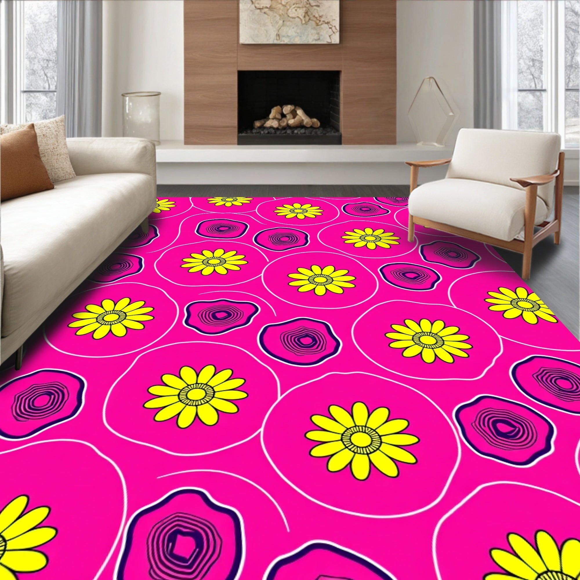 Bright Pink Floral Round PatternRug Rug