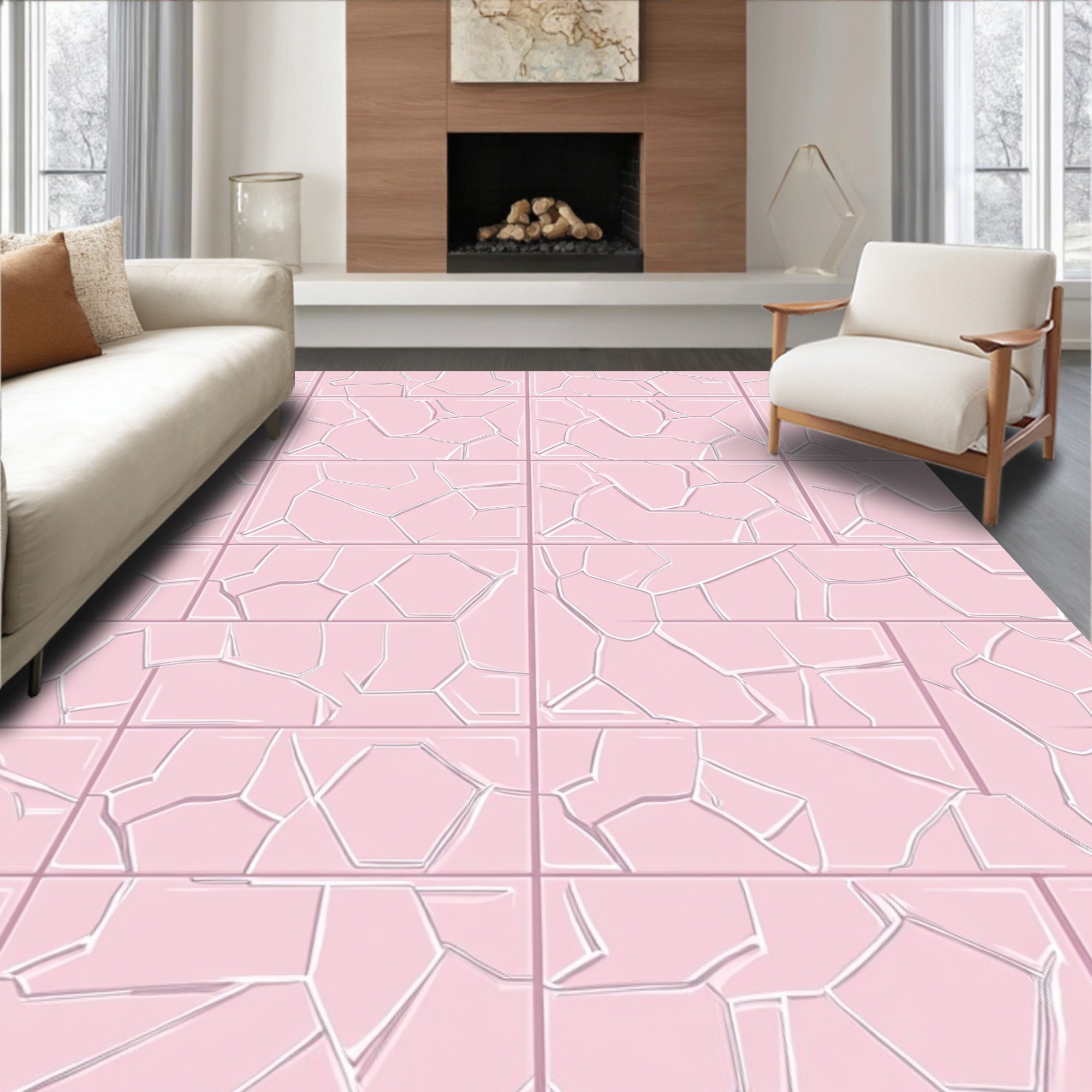 Pink Cracked Tile Pattern Design Rug