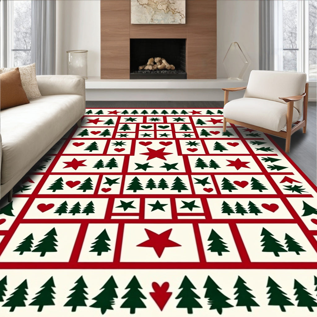 Festive Red Green Trees Stars Hearts Pattern Rug