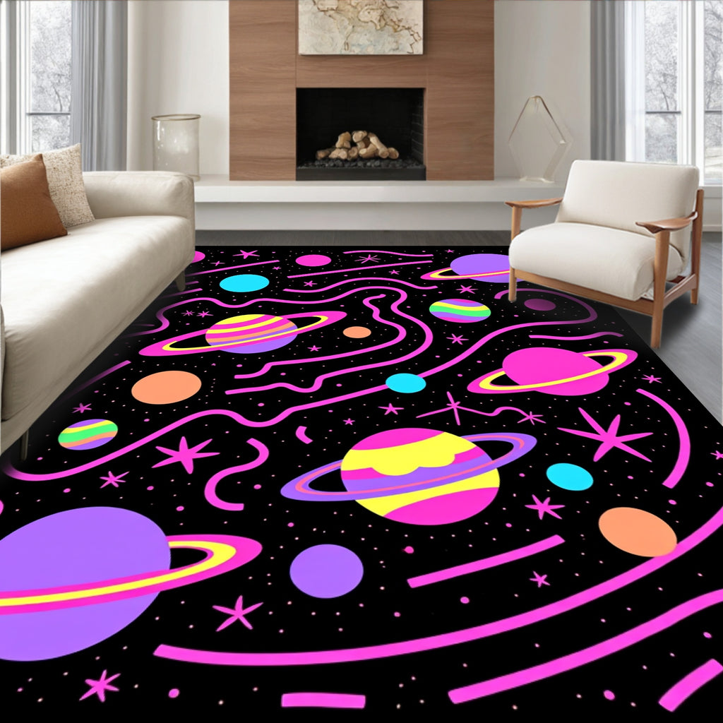 Neon Galaxy Planets Swirls Stars Rug
