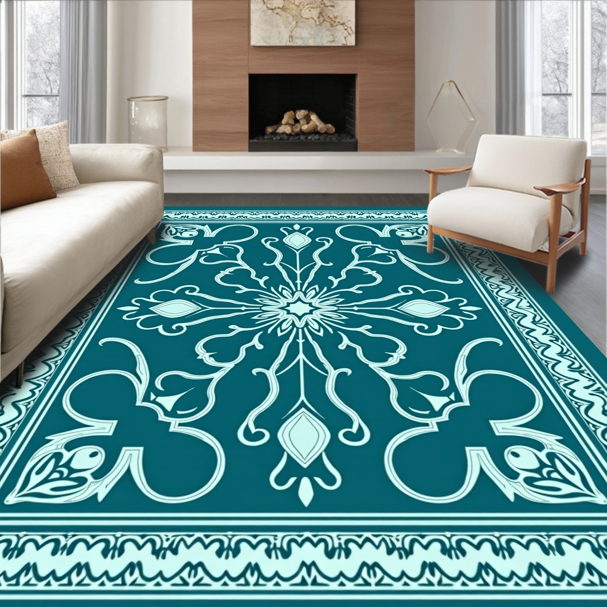 Teal White Symmetry Ornament Rug