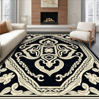 Ornate Black Cream Floral Medallion Rug