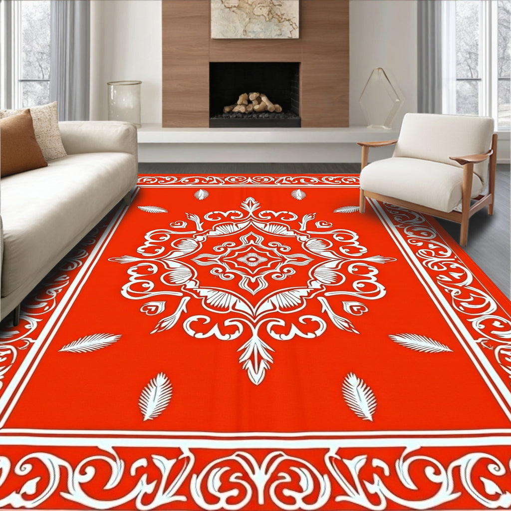 Bold Orange White Floral Scroll Pattern Rug