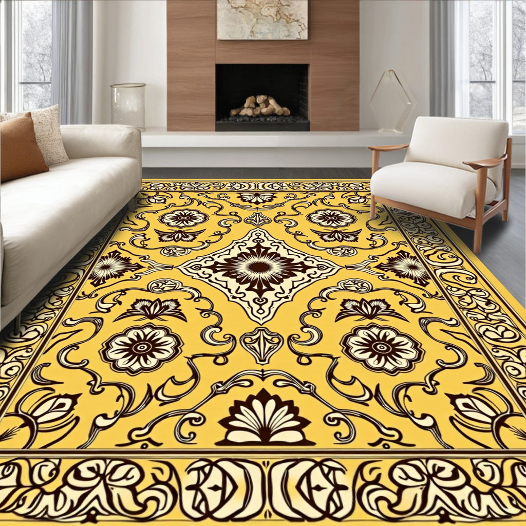 Ornate Yellow Floral Pattern Design Rug
