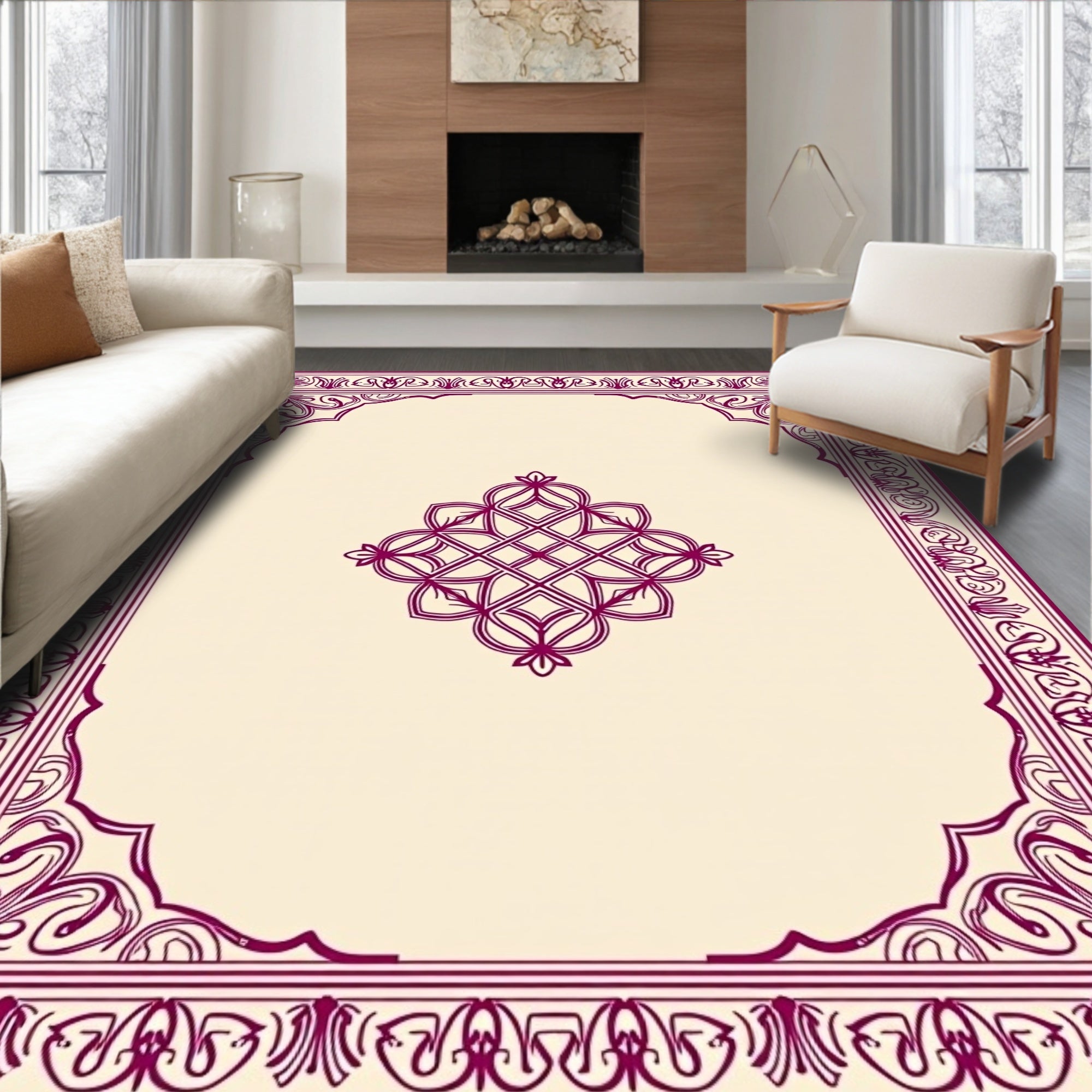 Ornate Burgundy Geometric Border Detail Rug