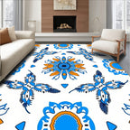 Stylized Blue Orange Floral Motif Rug