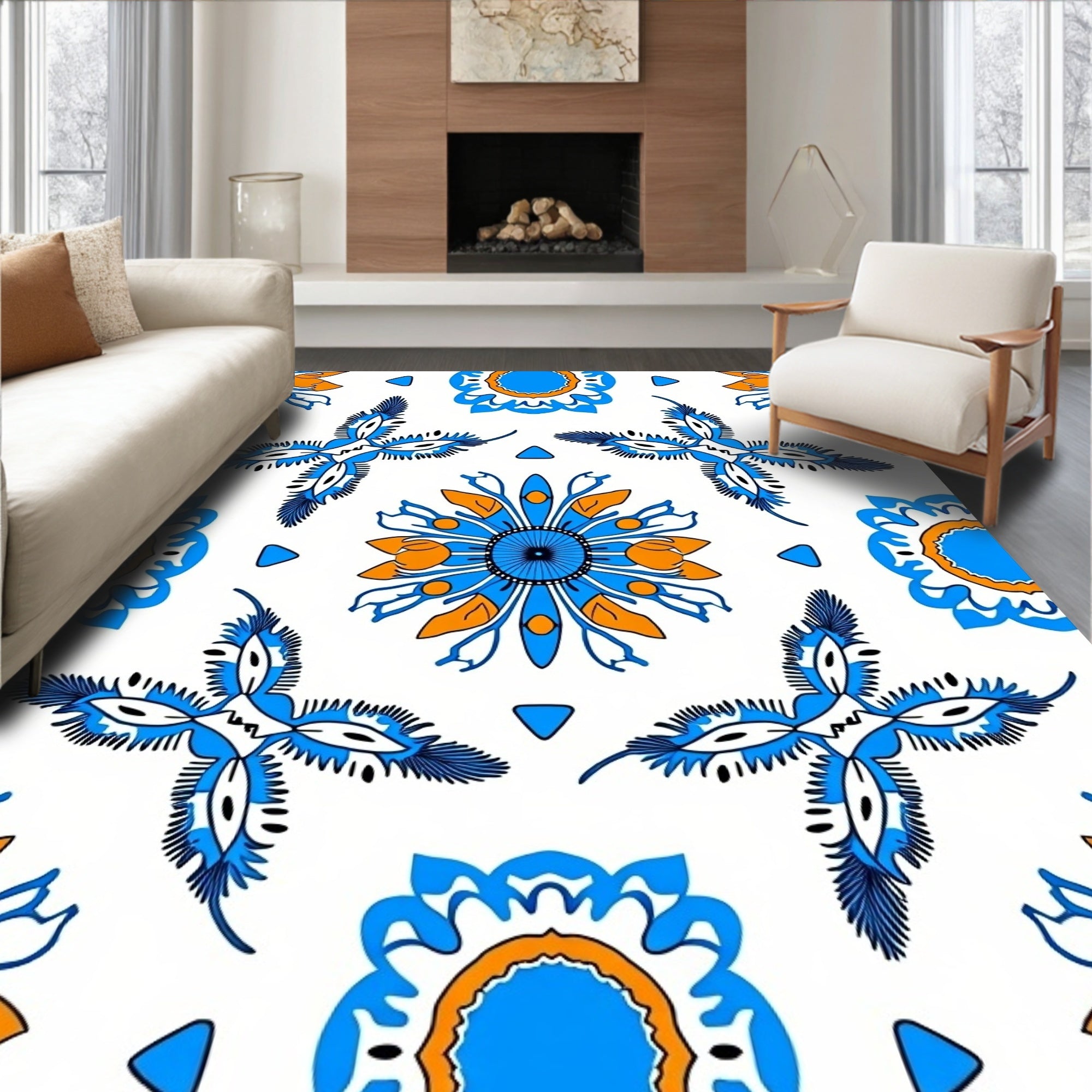 Stylized Blue Orange Floral Motif Rug