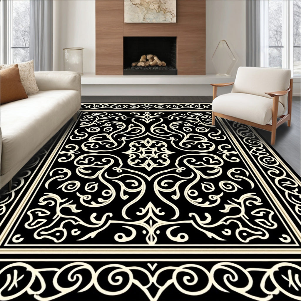 Black Ivory Ornamental Scroll Rug