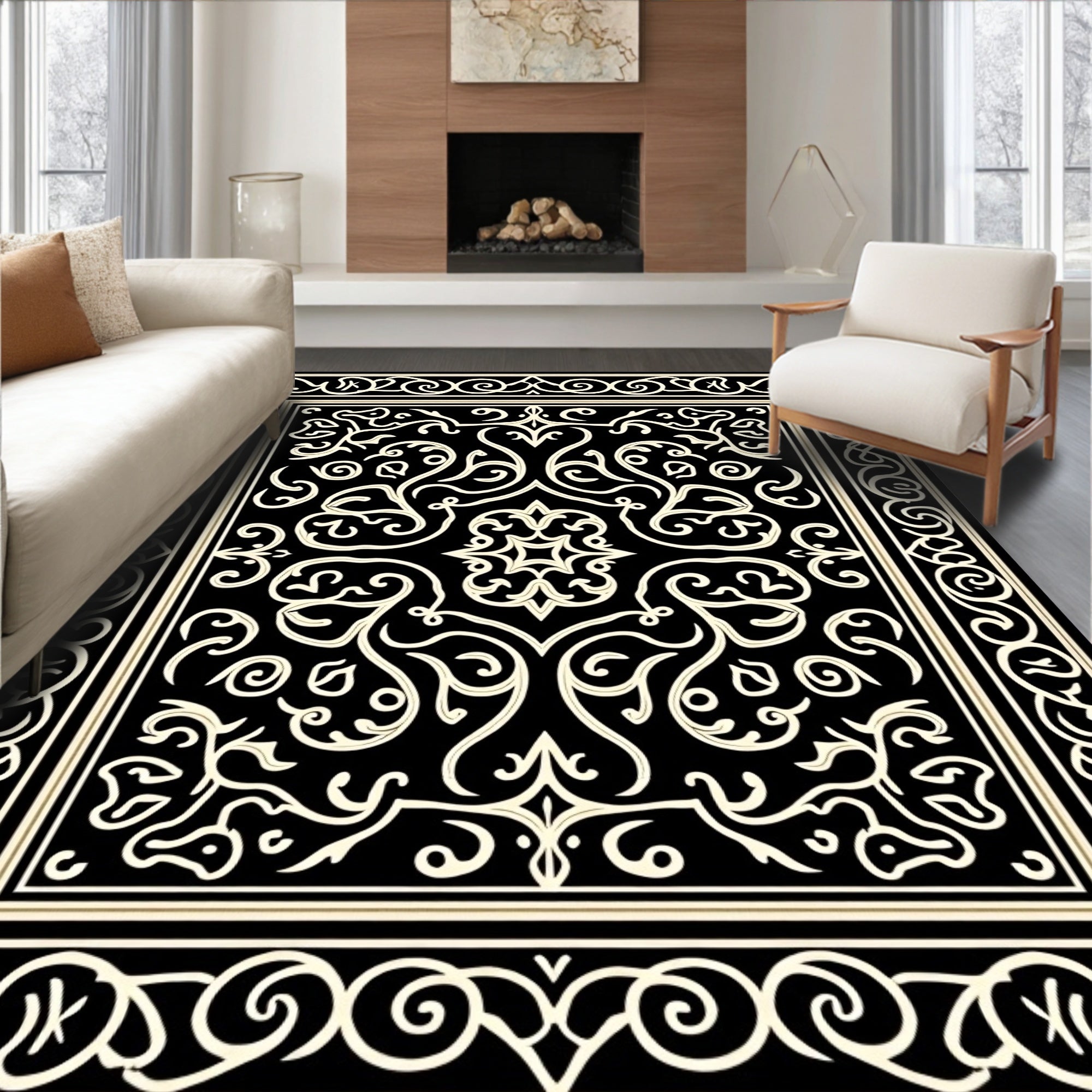 Black Ivory Ornamental Scroll Rug