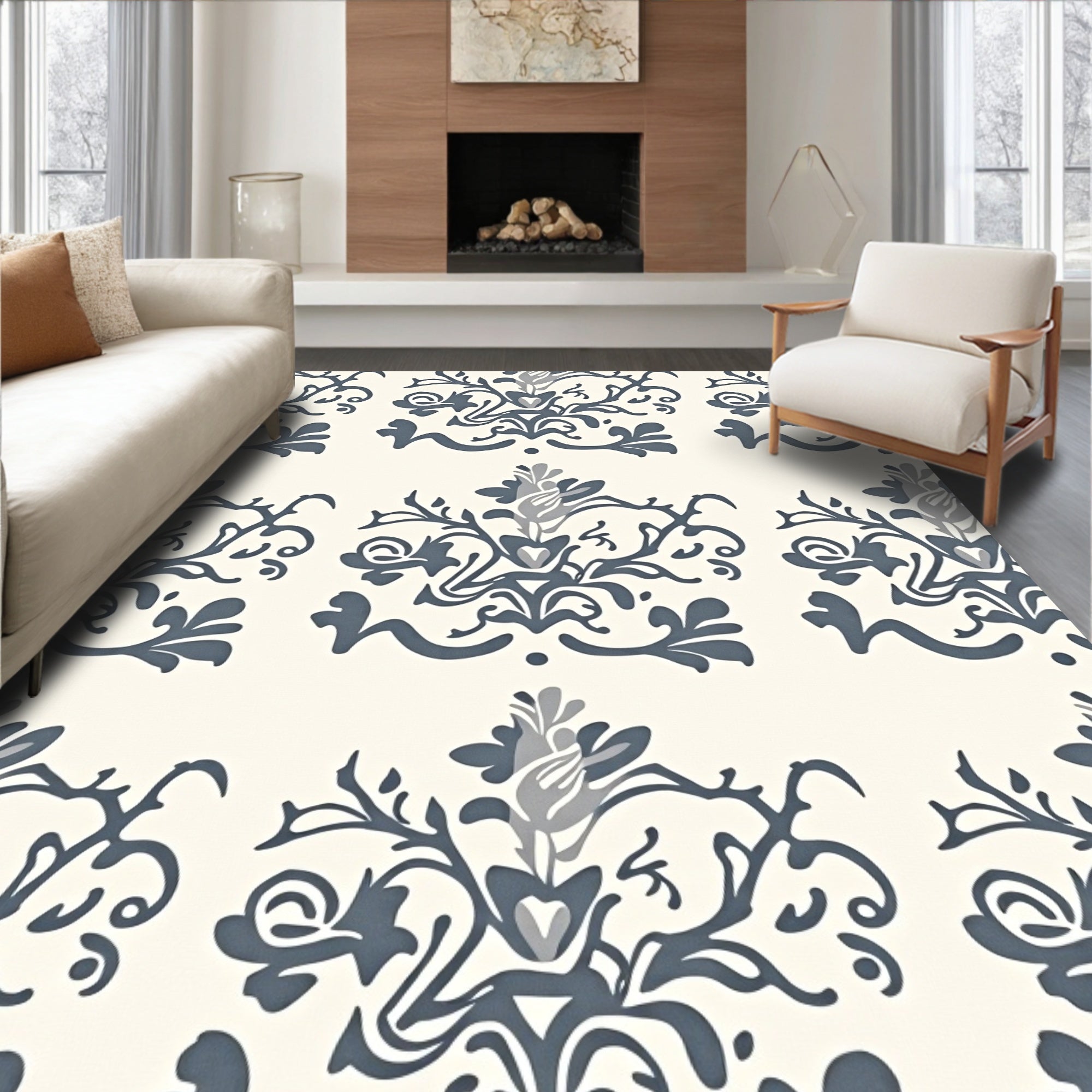 Elegant Blue White Floral Damask Rug