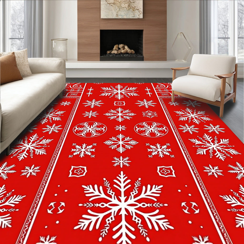 Red White Snowflake Pattern Rug