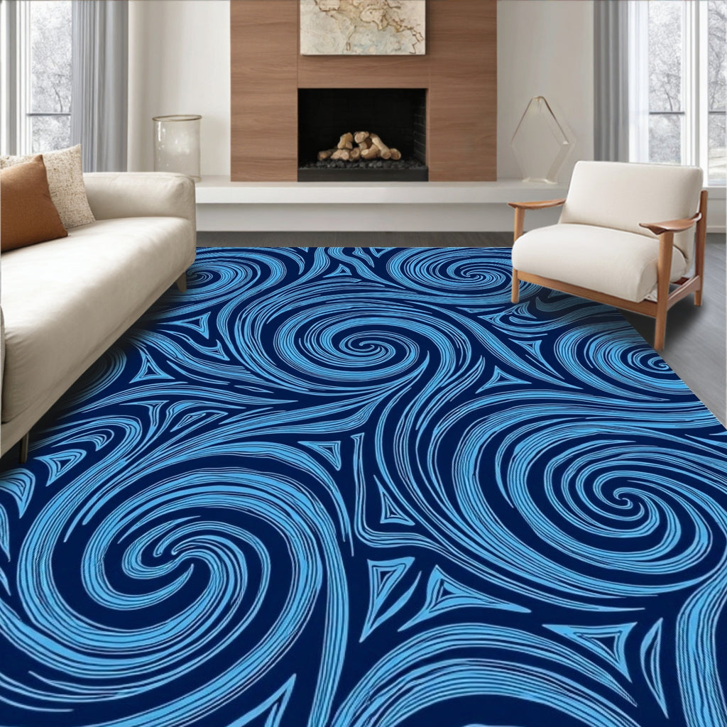 Abstract Swirly Blue Line Art Rug