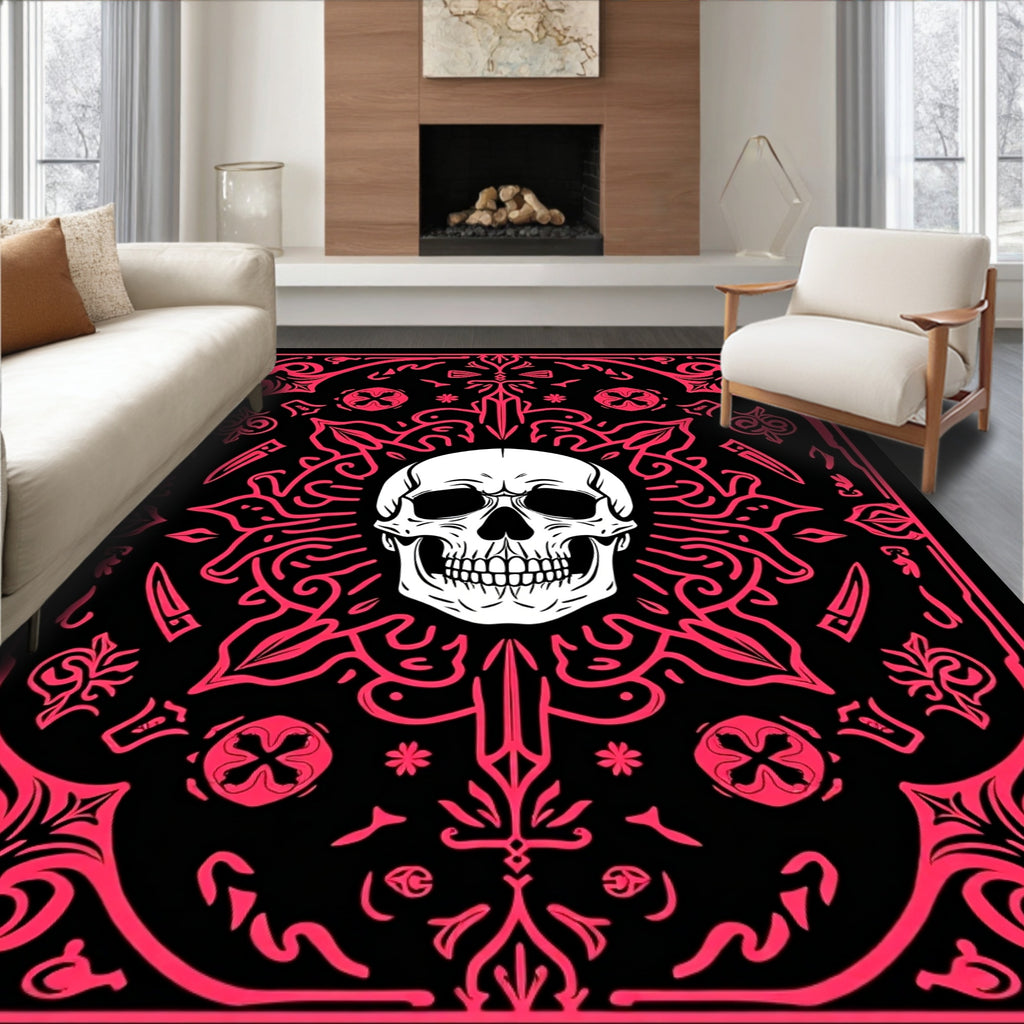 Gothic Skull With Pink Floral Accents Rug