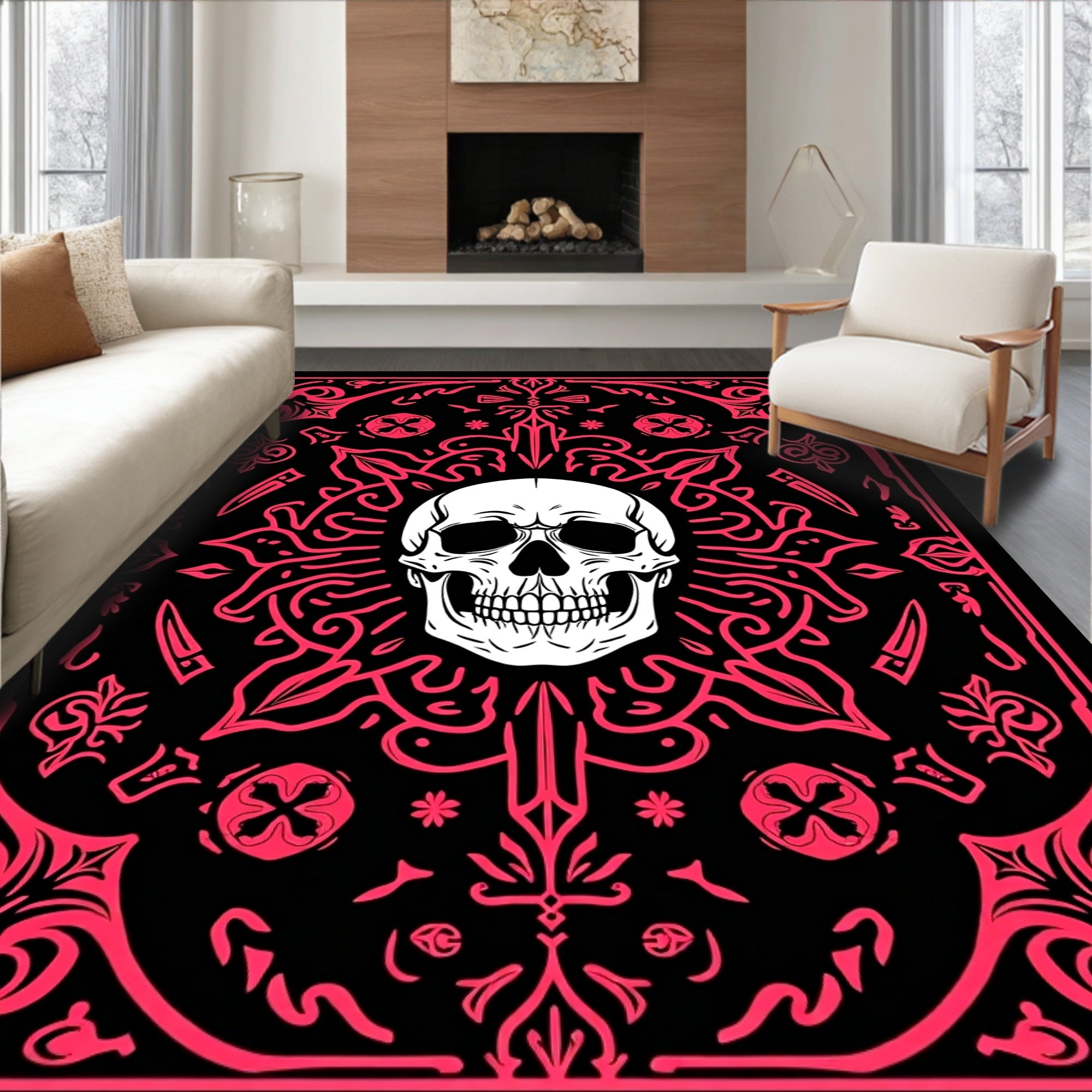 Gothic Skull With Pink Floral Accents Rug