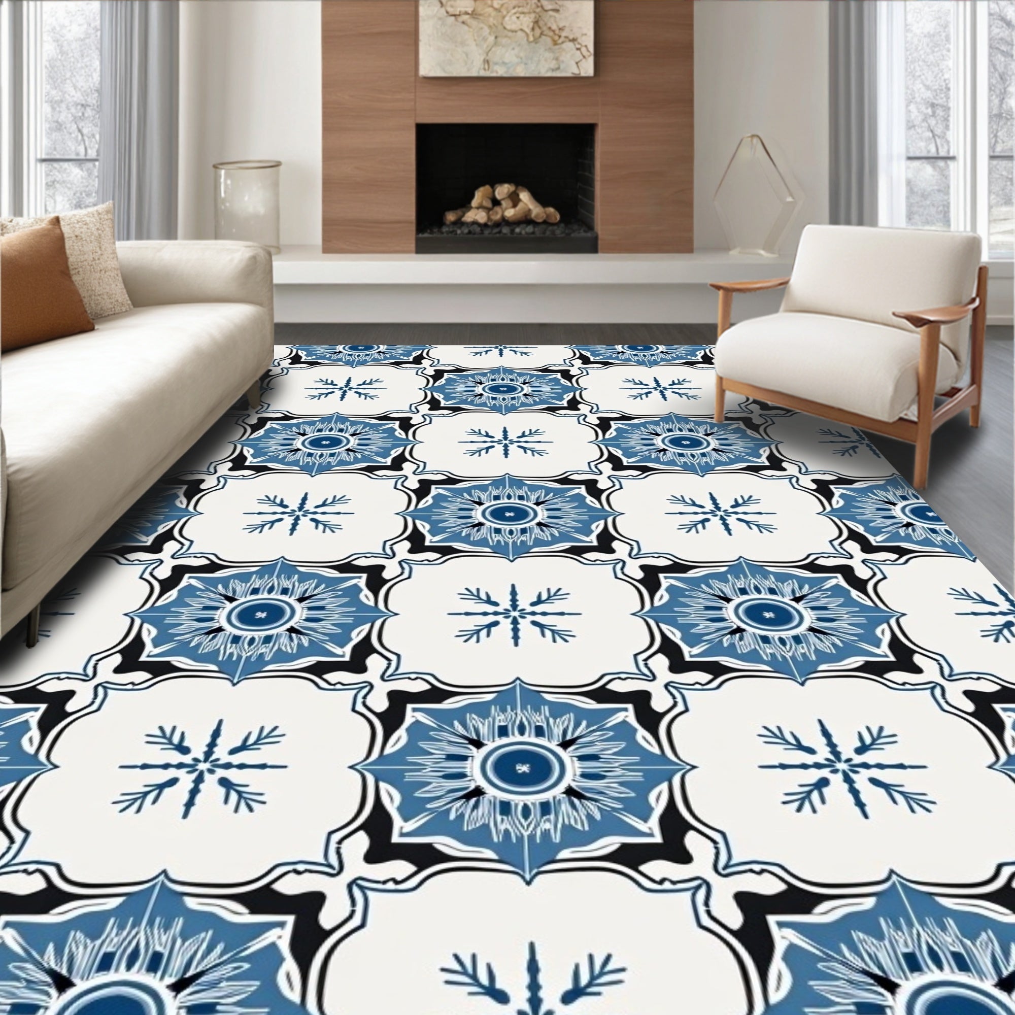 Blue Floral Medallion Tile Pattern Rug