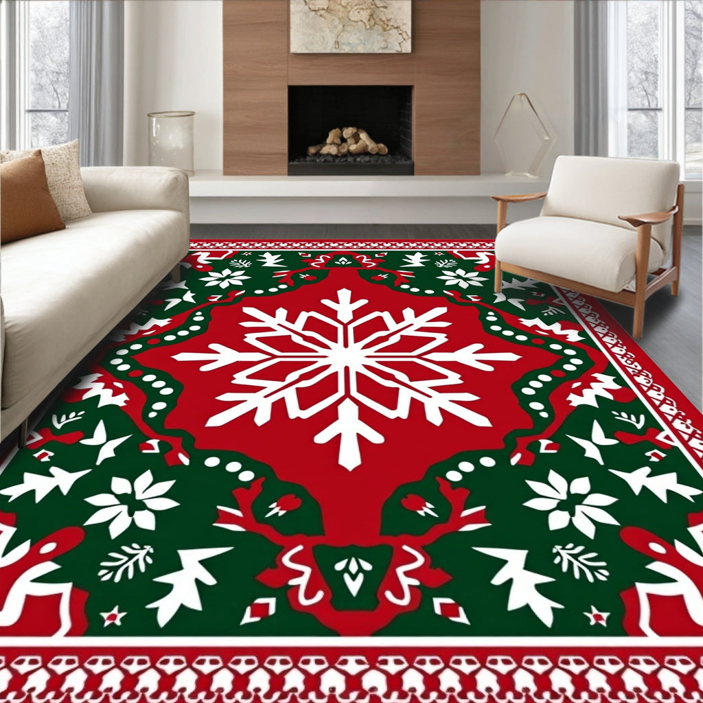 Red Green Snowflake Holly Border Rug
