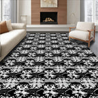 White Floral Motif On Black Design Rug