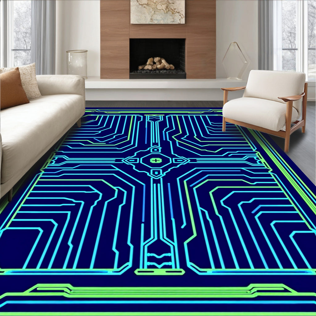 Circuit Board Geometric Blue Green Rug