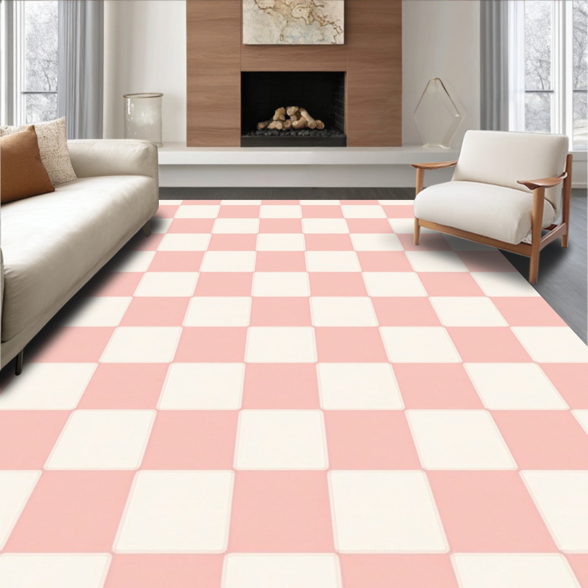 Retro Pink Cream Checkered Square Rug