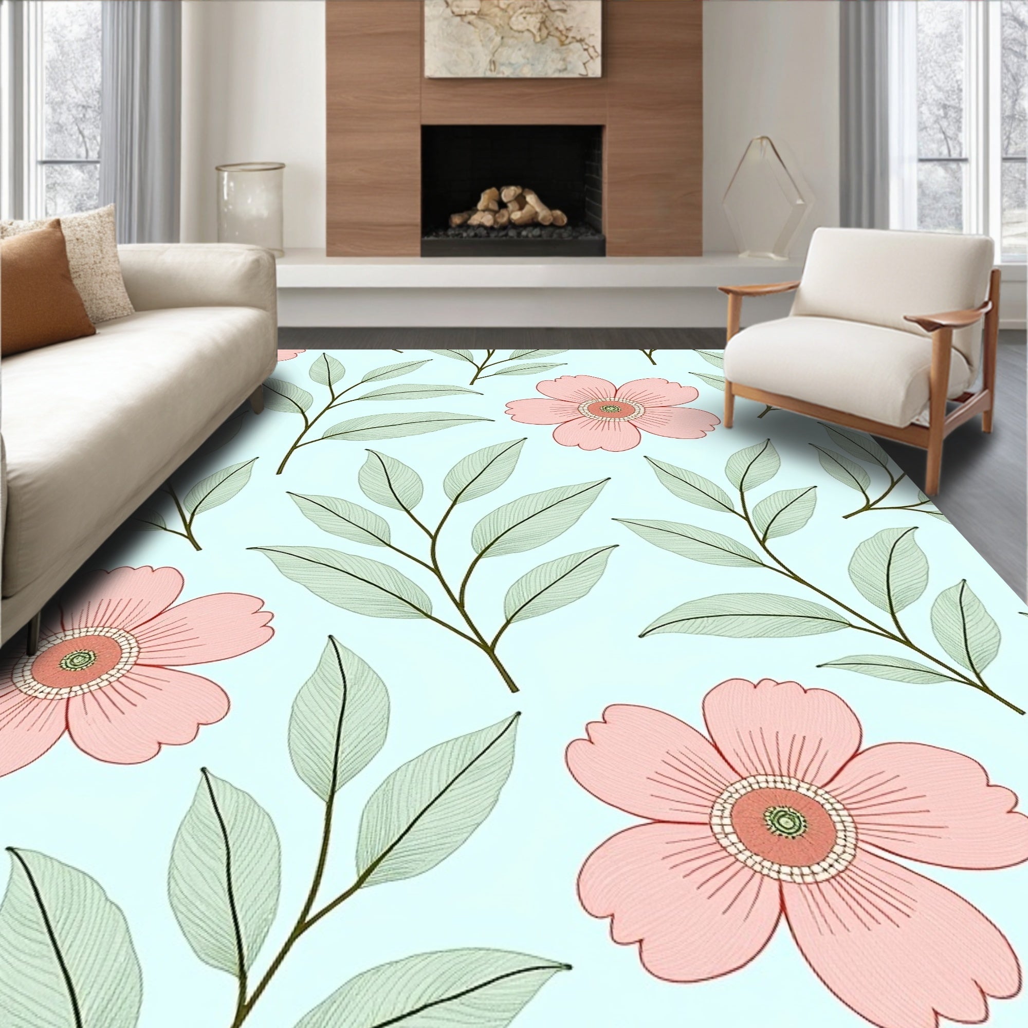 Soft Pink Floral Botanical Pattern Rug
