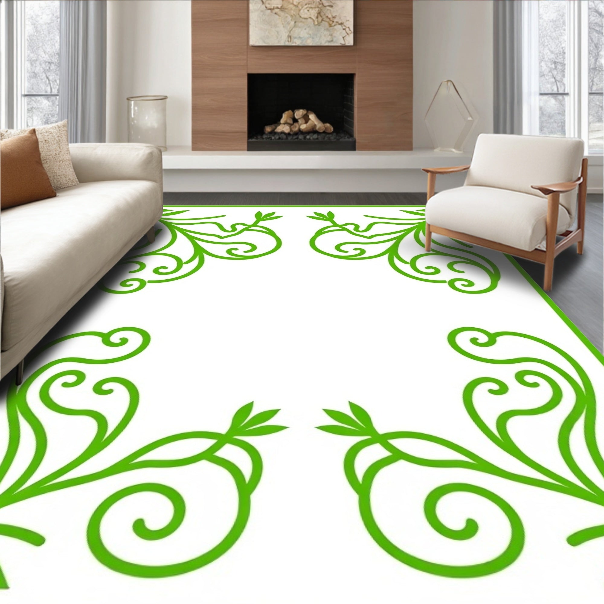 Nature Inspired Green Swirl Vine Design Rug