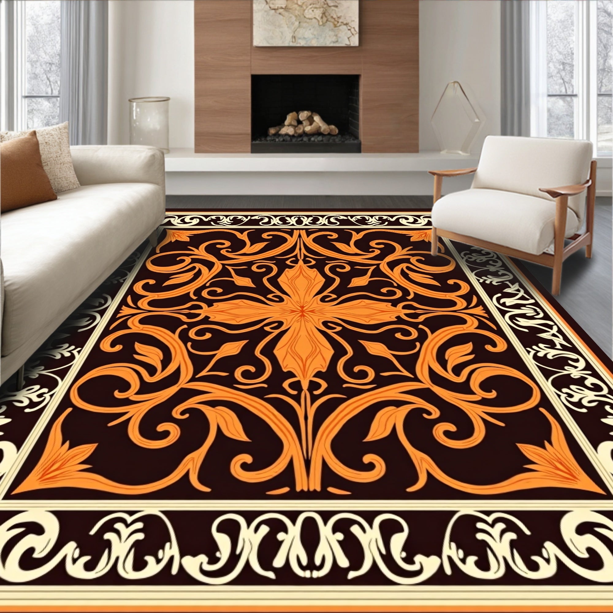 Orange Floral Scrollwork Pattern Rug