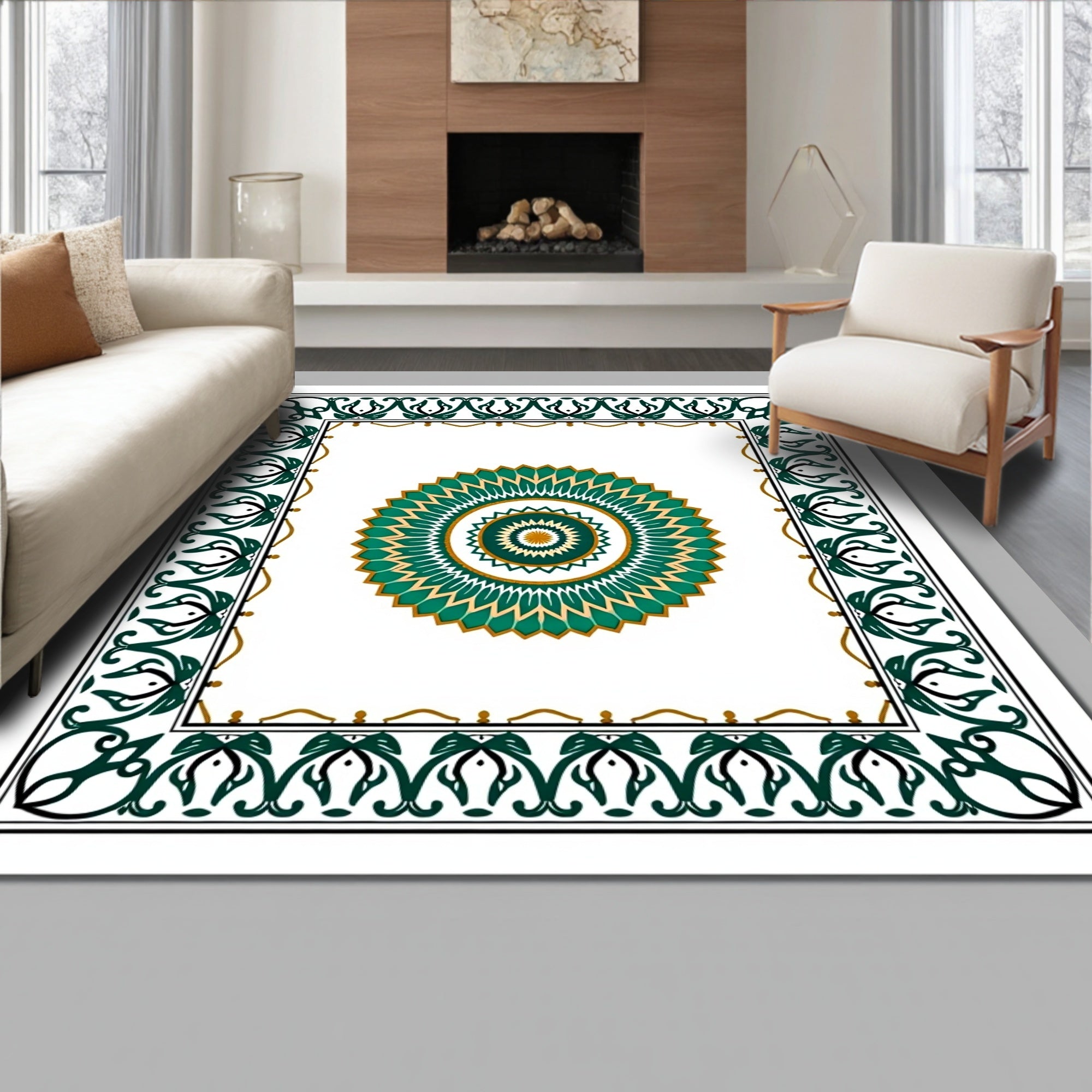 Elegant Teal Gold Medallion Border Rug