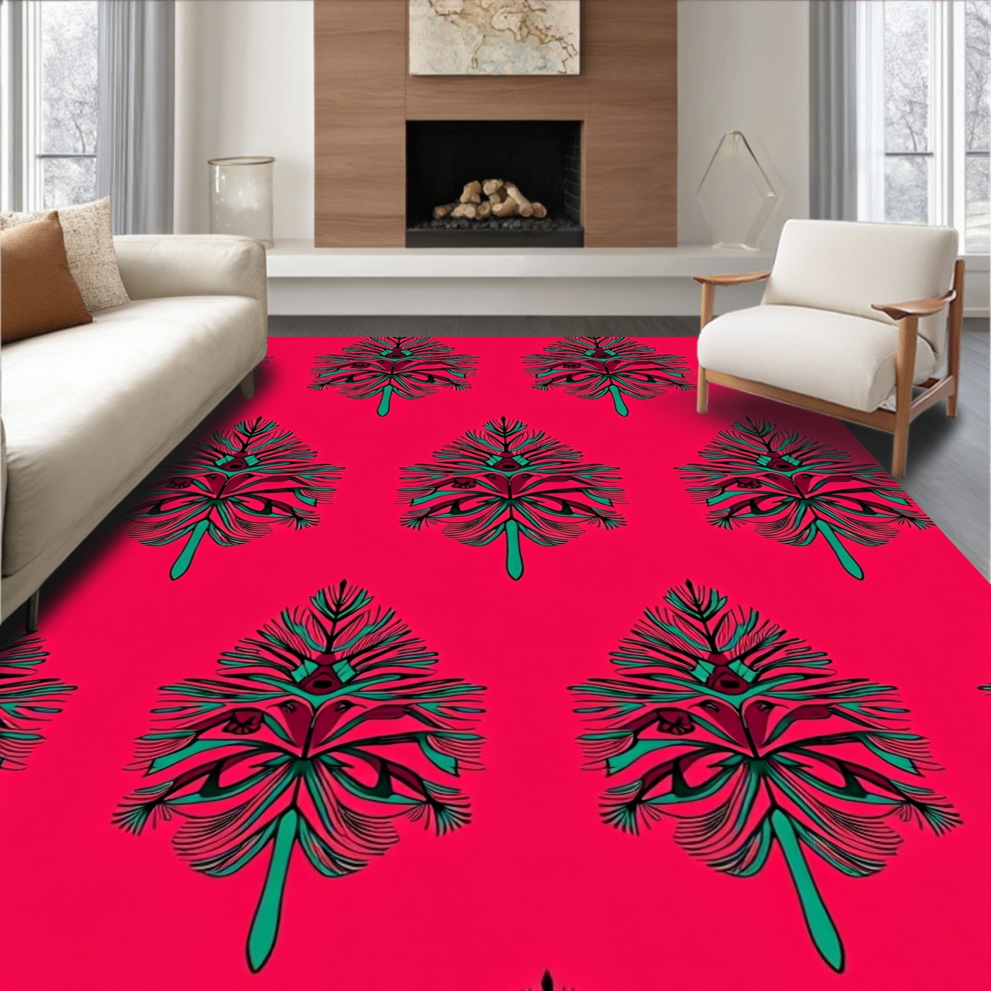 Bold Teal Burgundy Floral Pattern Rug