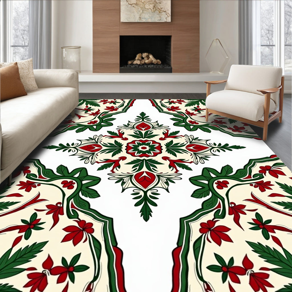 Ornate Red Green Floral Medallion Design Rug
