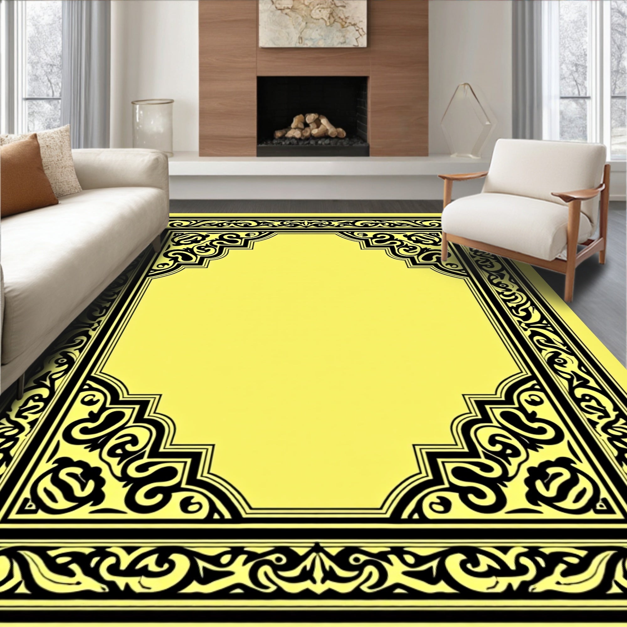Classic Black Yellow Ornate Border Rug