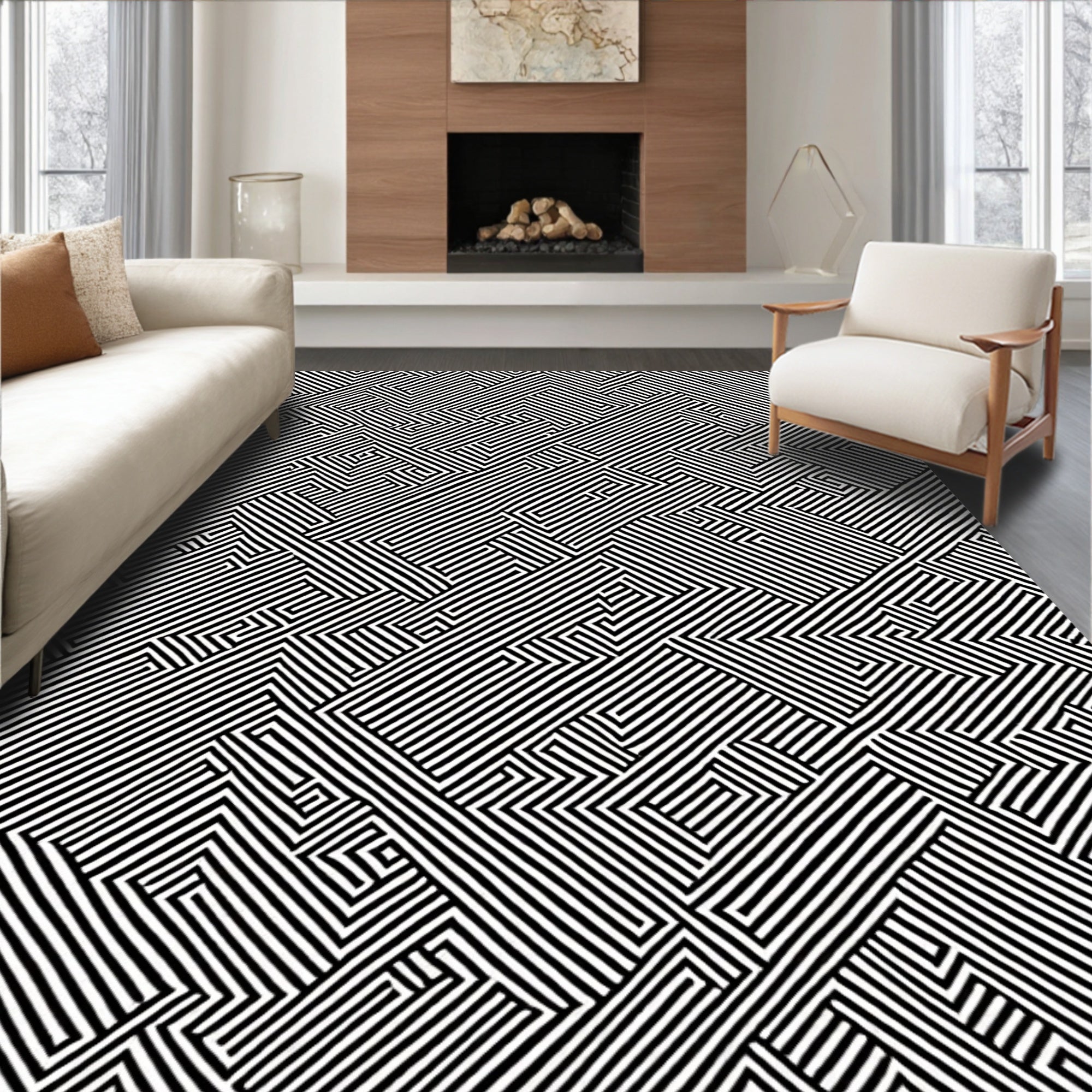 Modern Black White Maze Pattern Rug