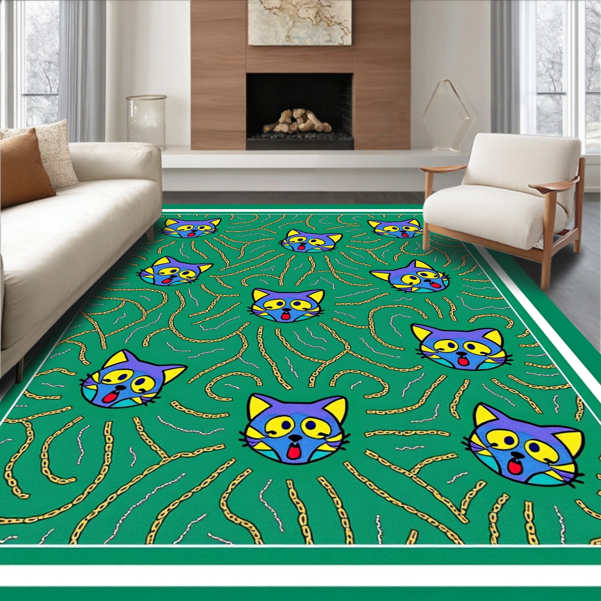 Whimsical Cat Faces Chain Pattern Rug