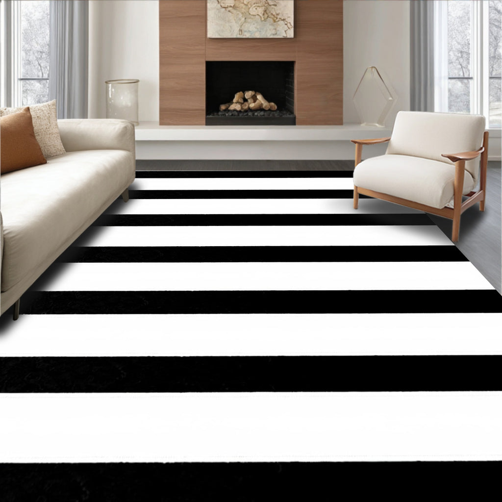 Bold Black White Stripe Pattern Rug