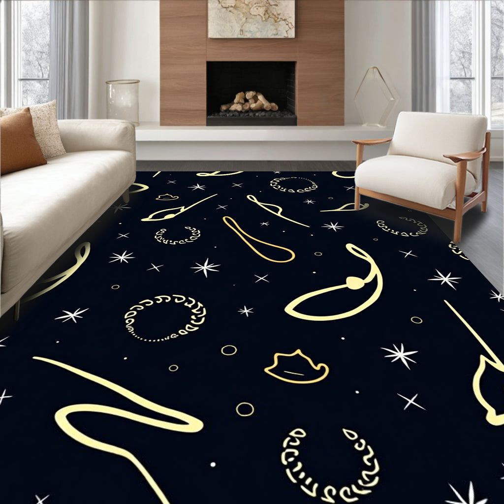 Celestial Gold Swirls and Stars Rug