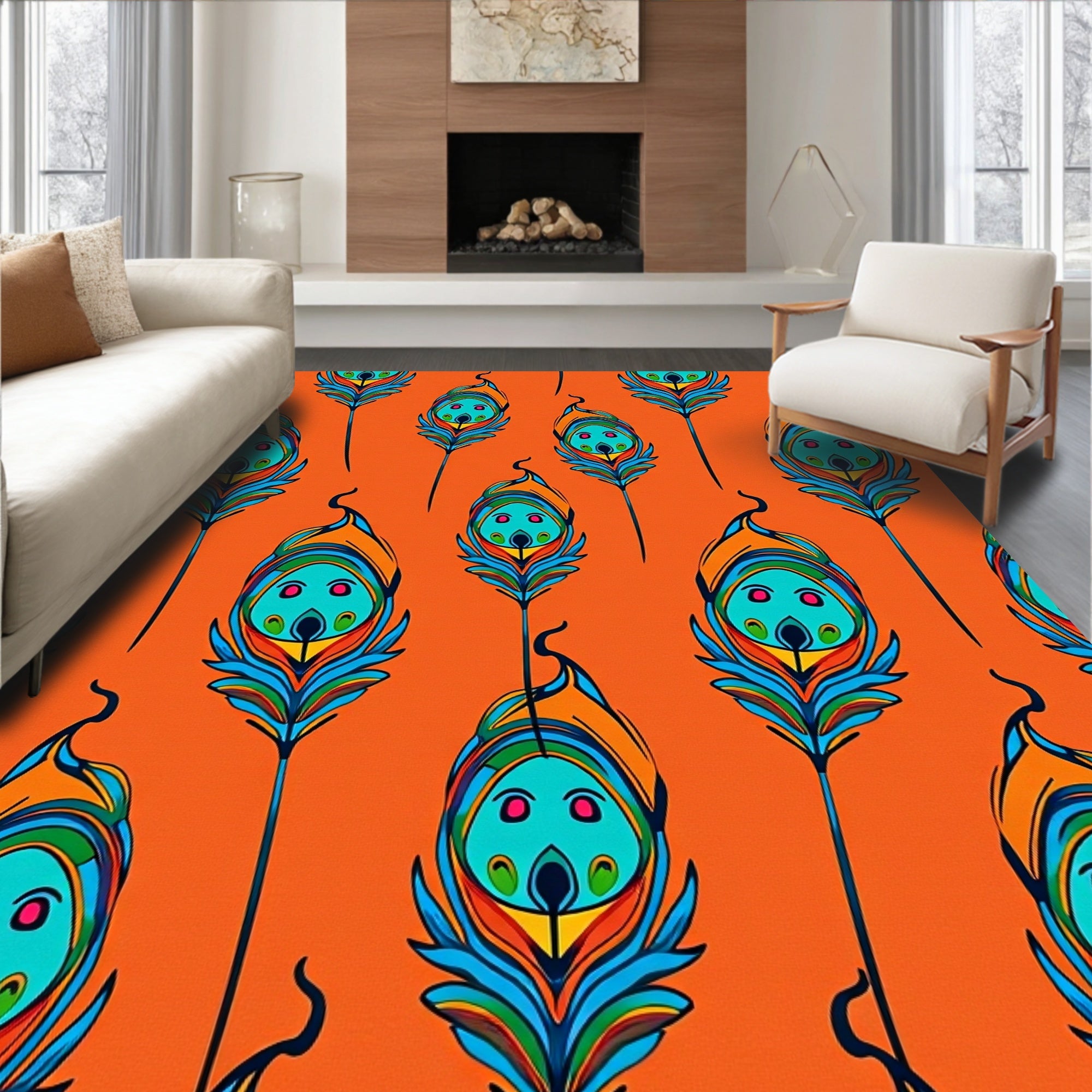Vibrant Peacock Feather Pattern Rug