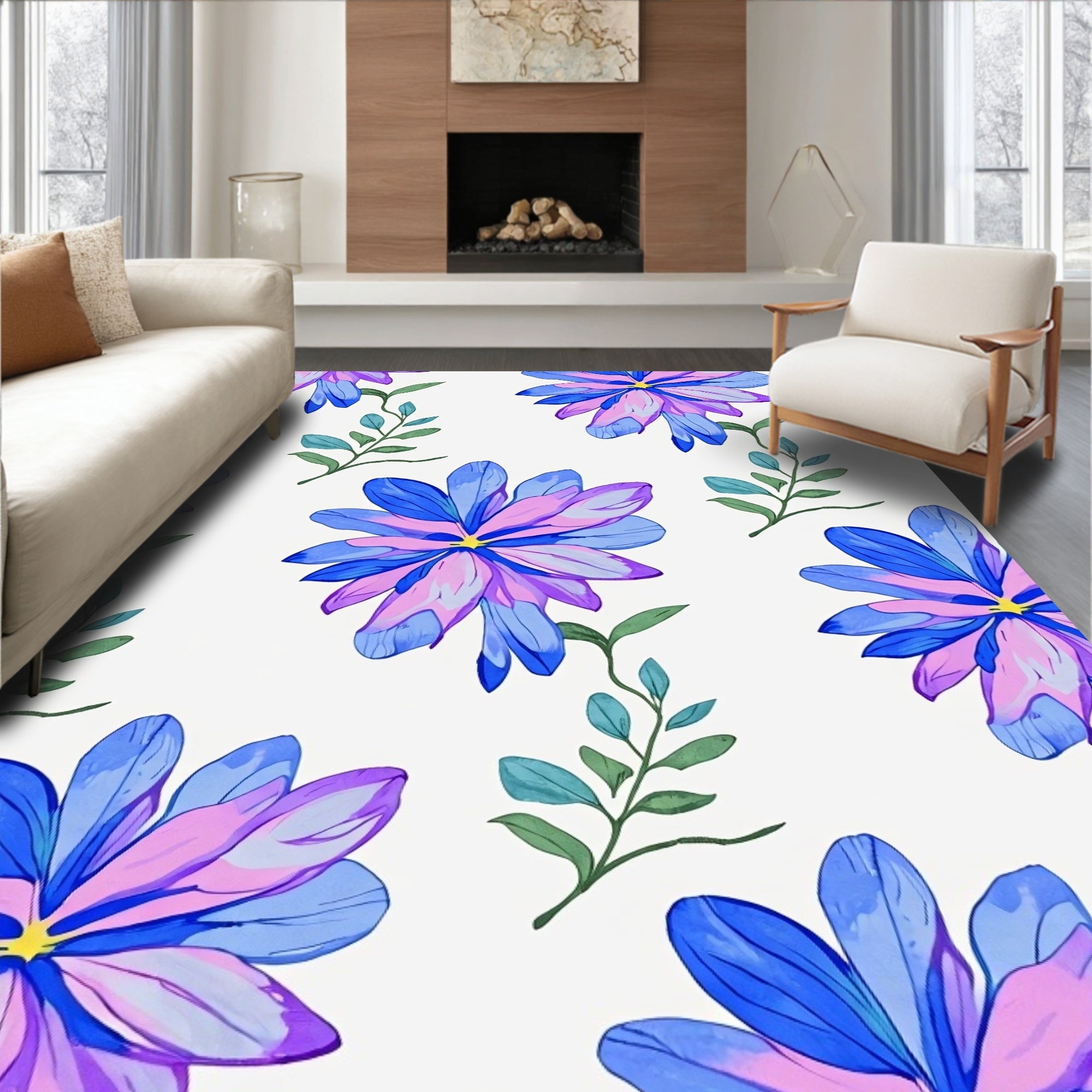 Floral Watercolor Blue Purple Design Rug