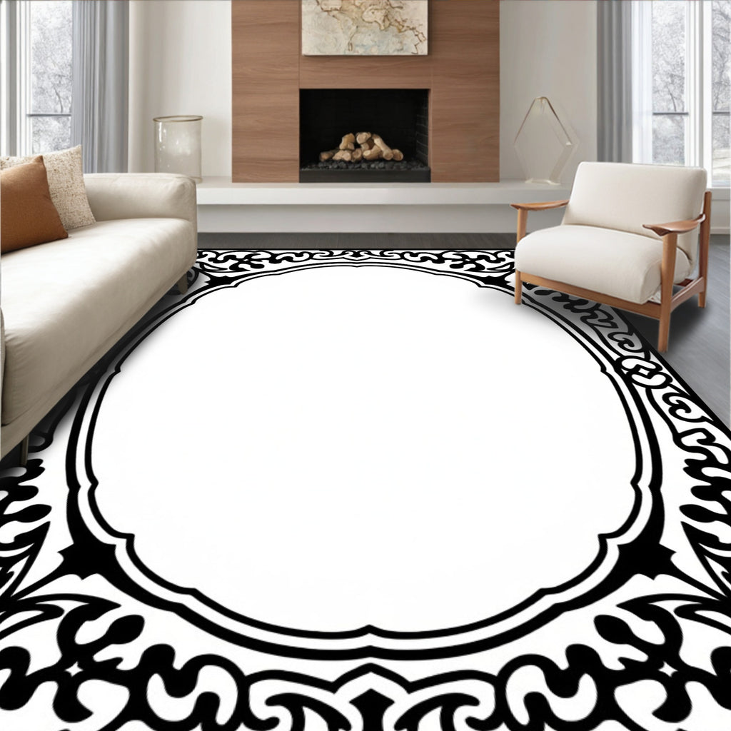 Classic Oval Black Swirling Border Rug