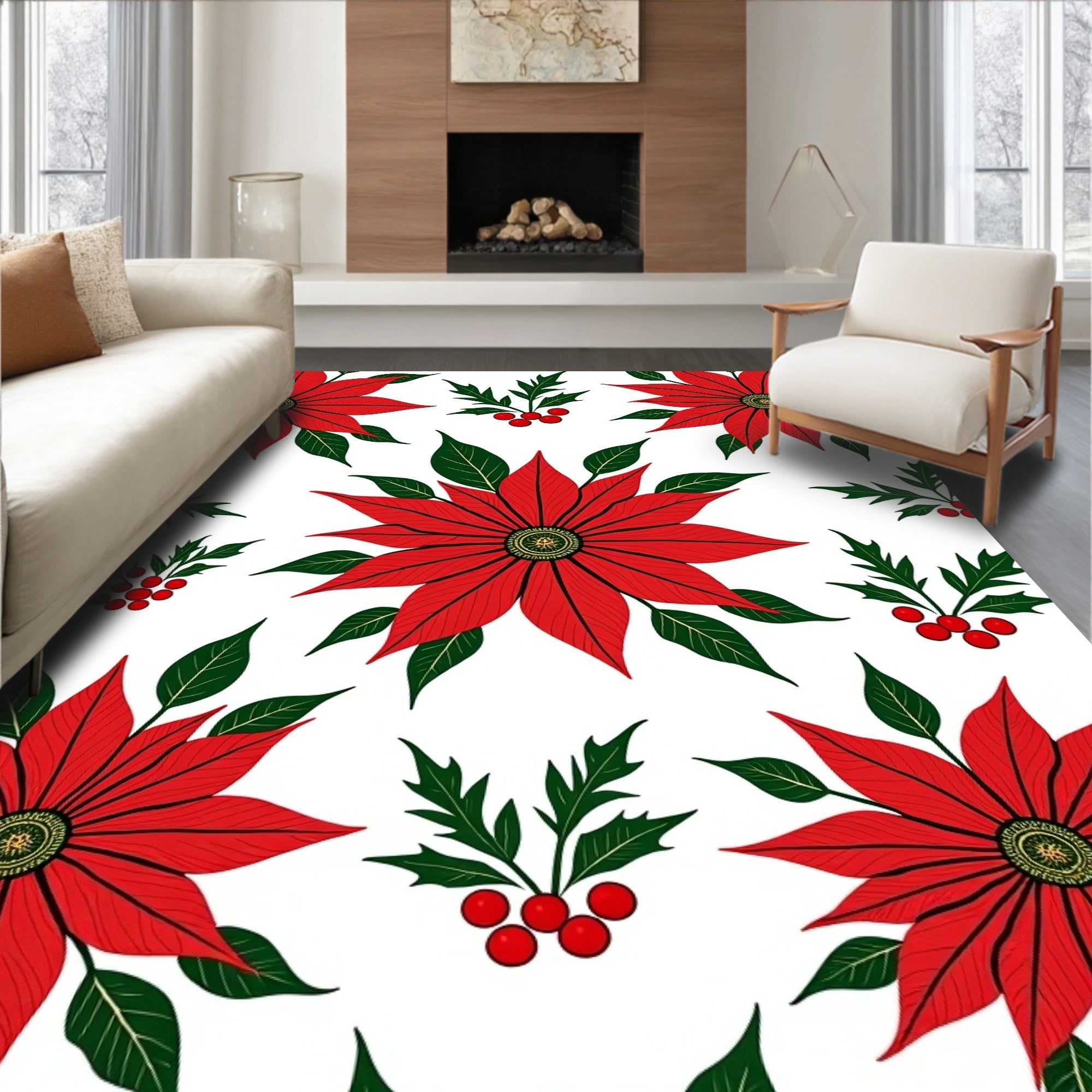 Classic Red Poinsettia Holly Holiday Rug