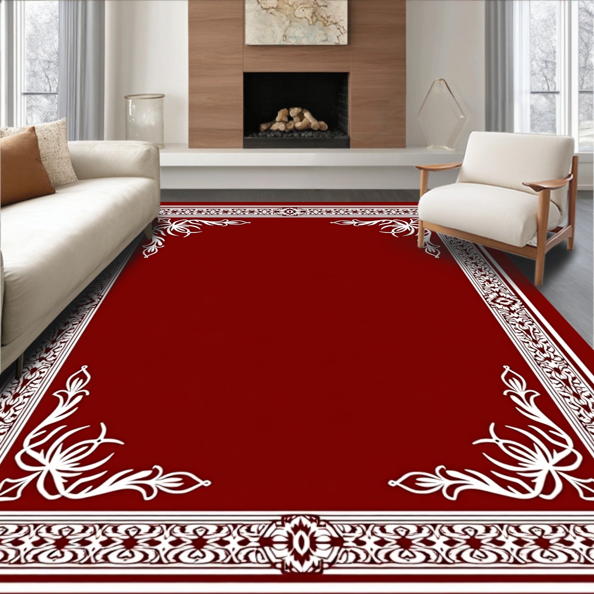 Ornate White Floral Border Design Rug