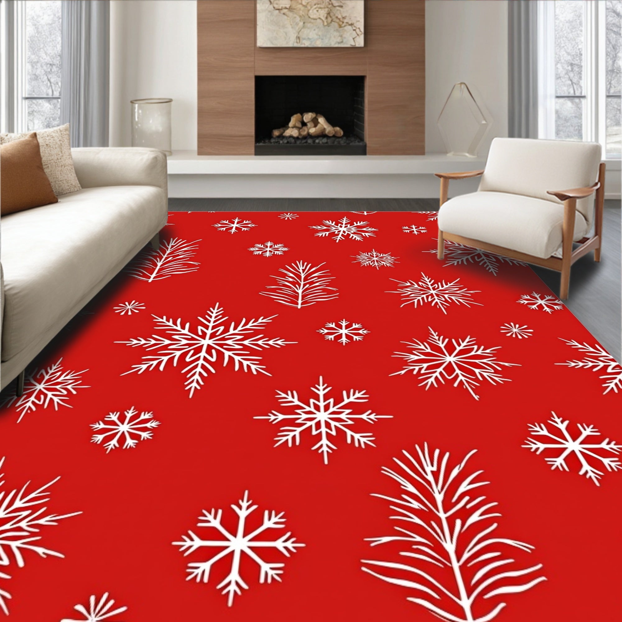 Red White Snowflake Winter Pattern Rug