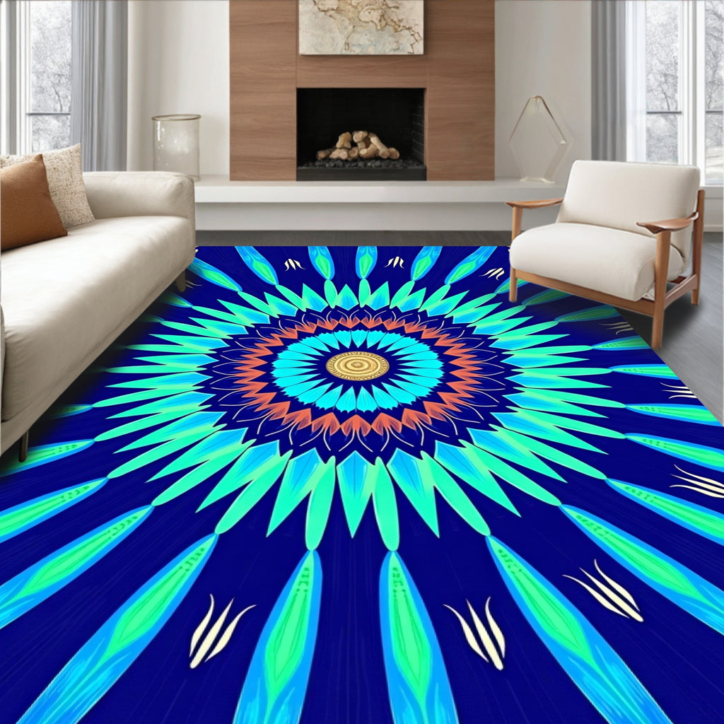 Radiant Blue Green Floral Mandala Rug