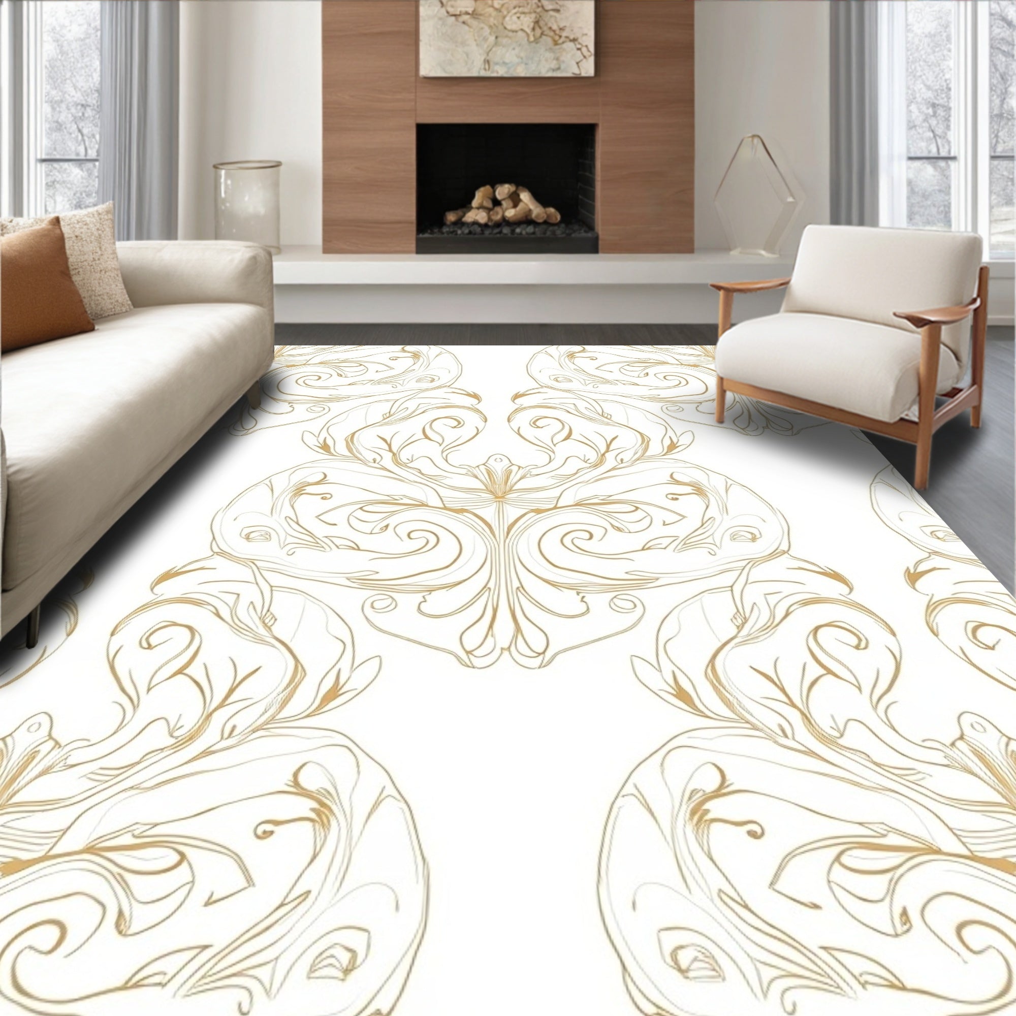 Elegant Gold Scrollwork Pattern Rug