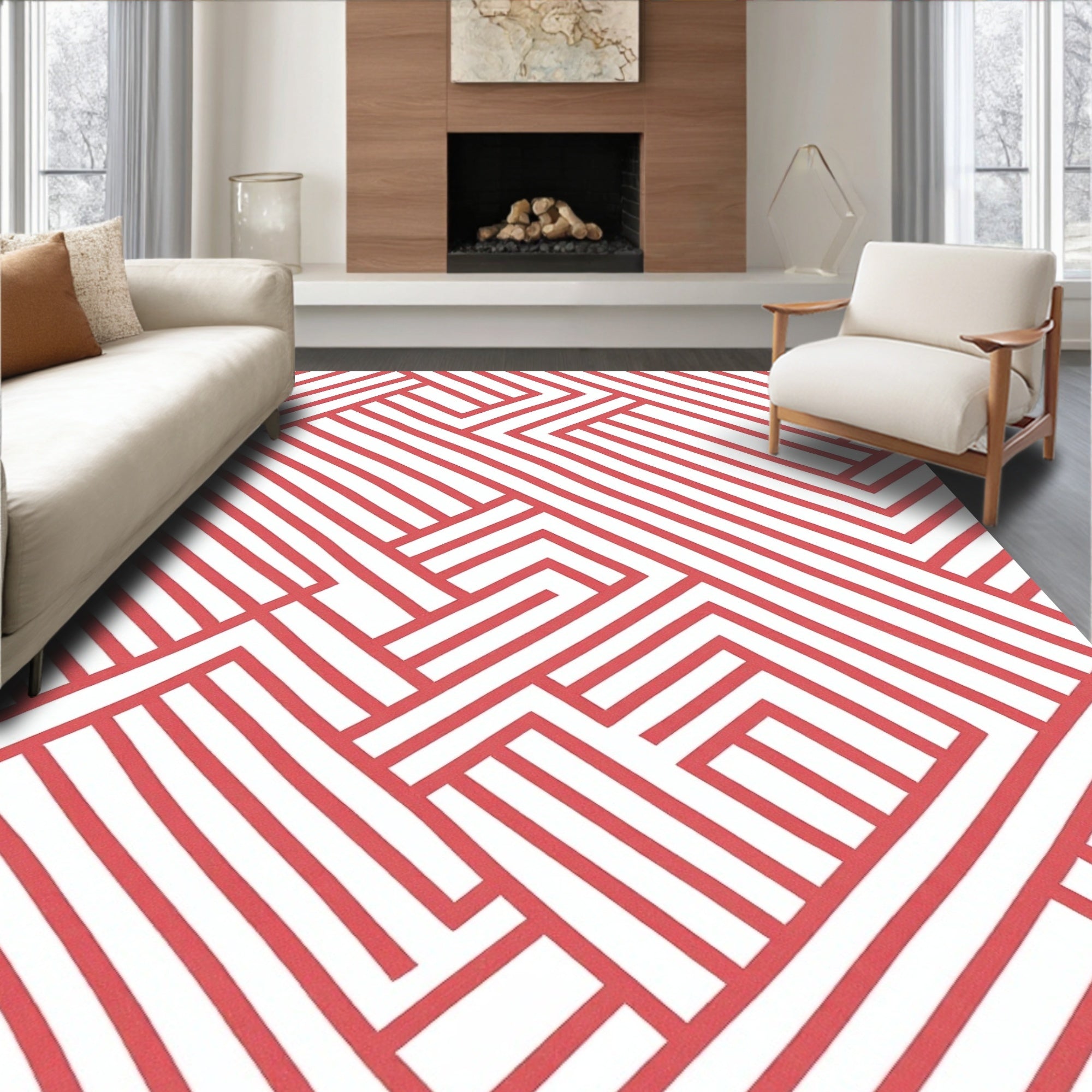 Coral And White Interlocking Geometric Pattern Rug