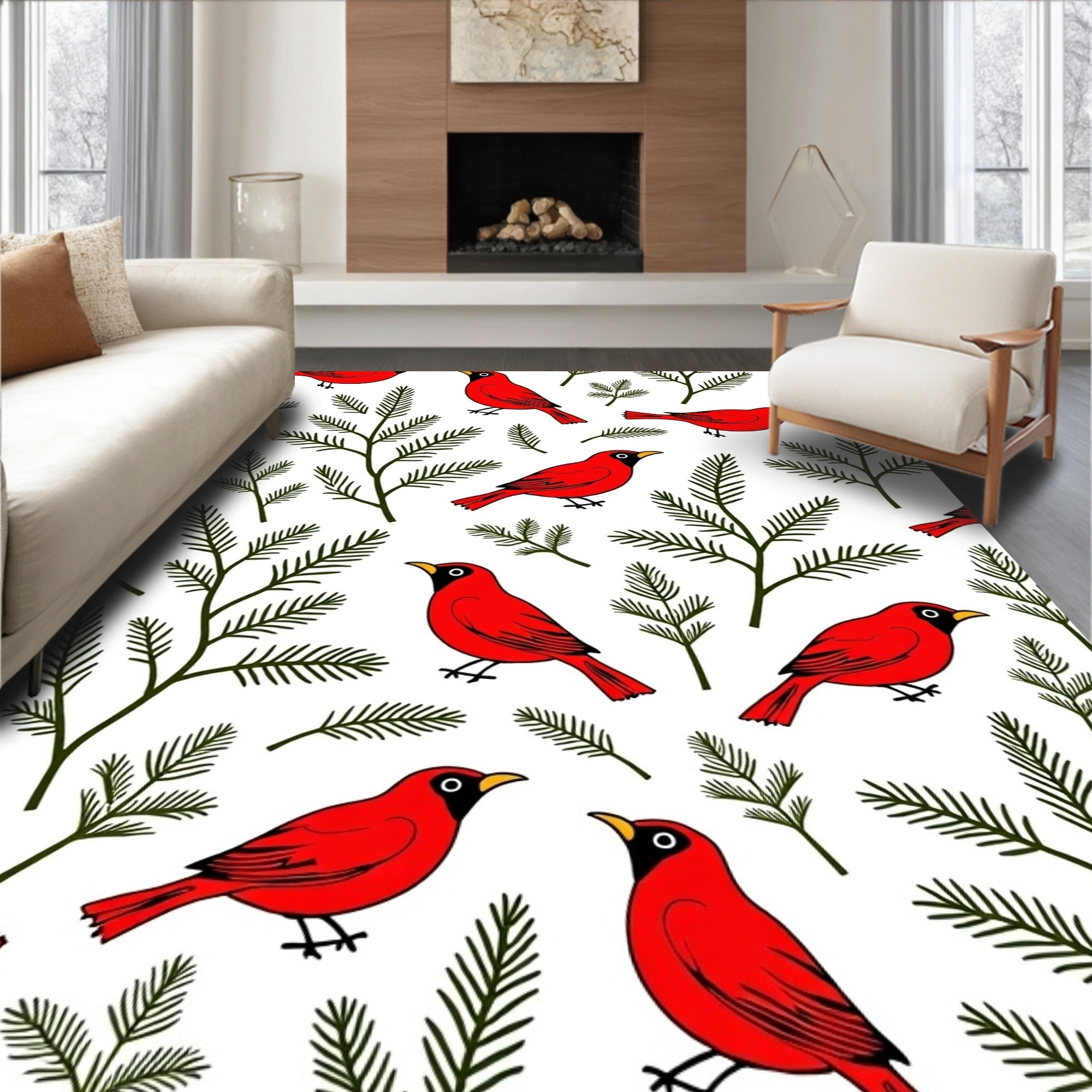 Red Cardinals Green Pine Branches Pattern Rug