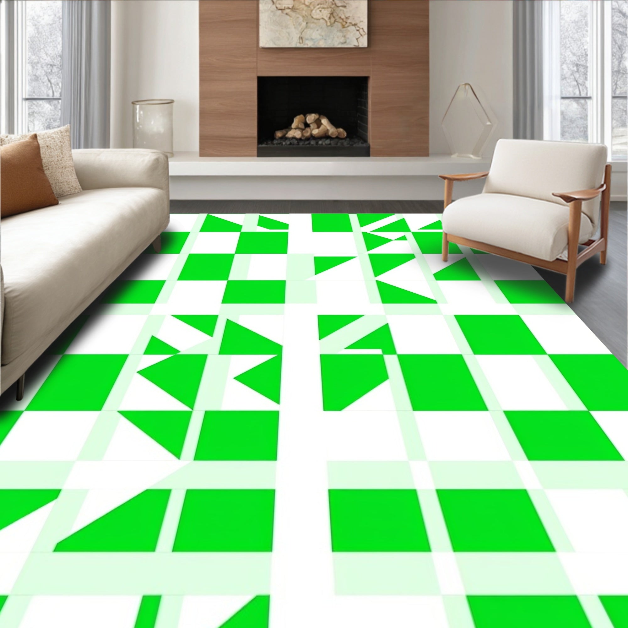Green White Geometric Abstract Pattern Rug