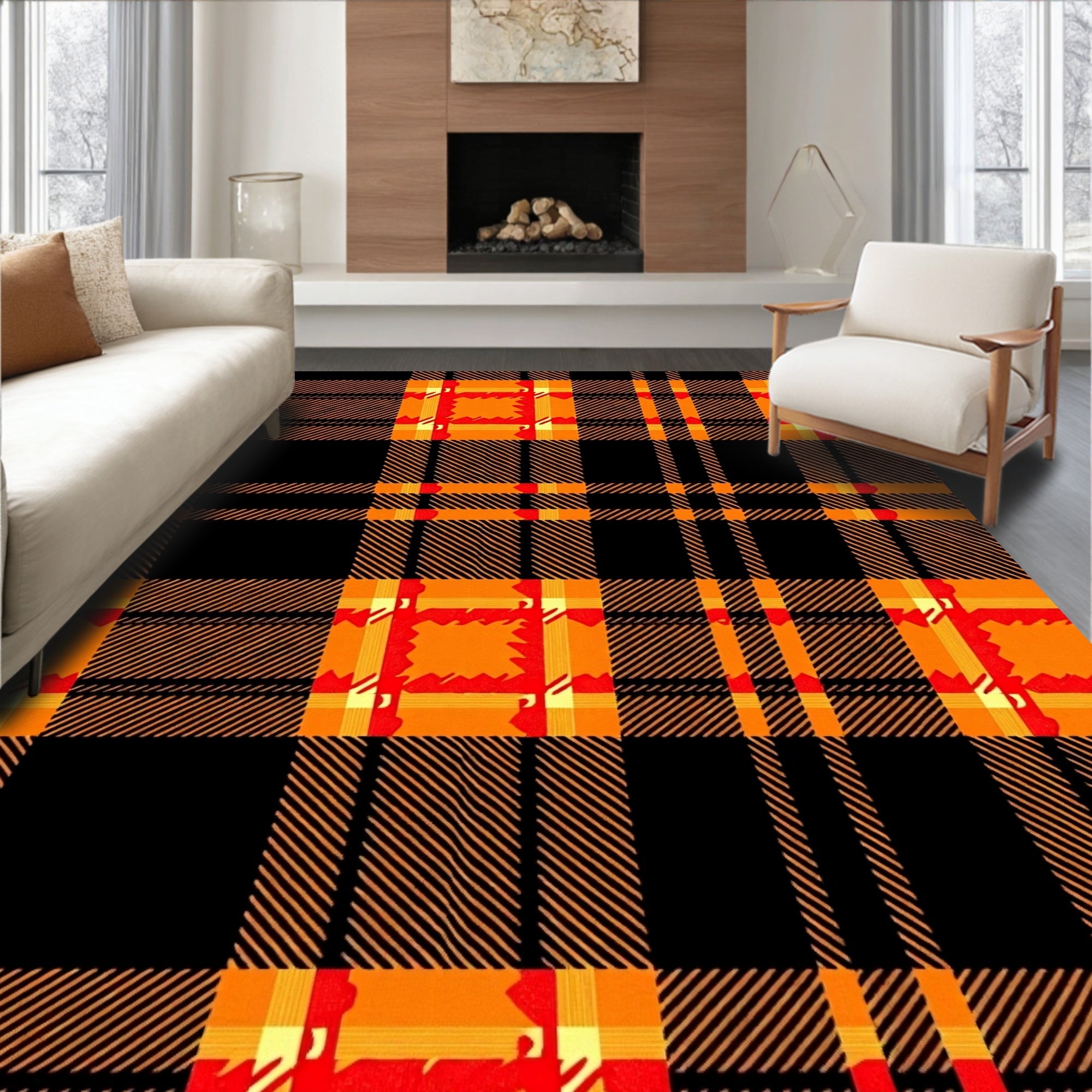 Bold Orange Red Black Plaid Design Rug