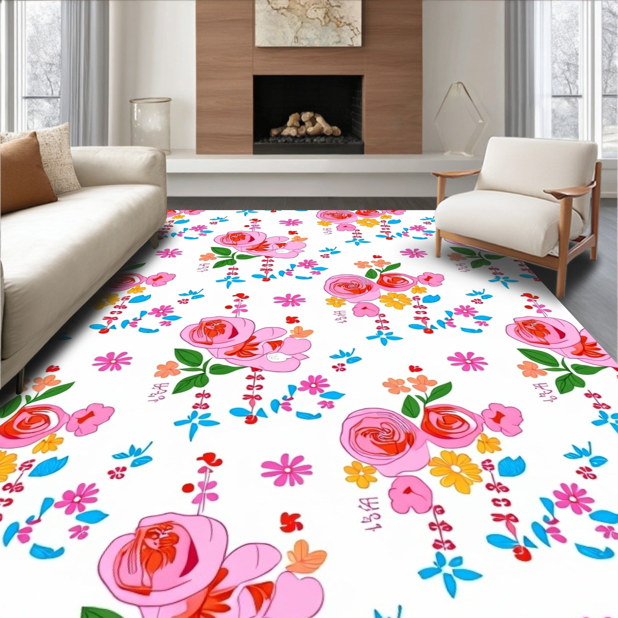 Whimsical Pink Rose Floral Pattern Rug