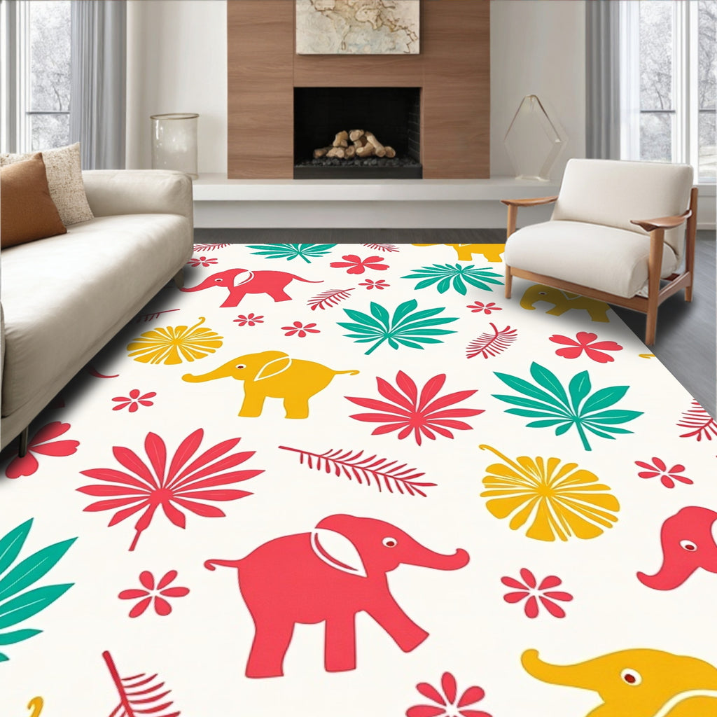 Playful Elephant Floral Pattern Rug