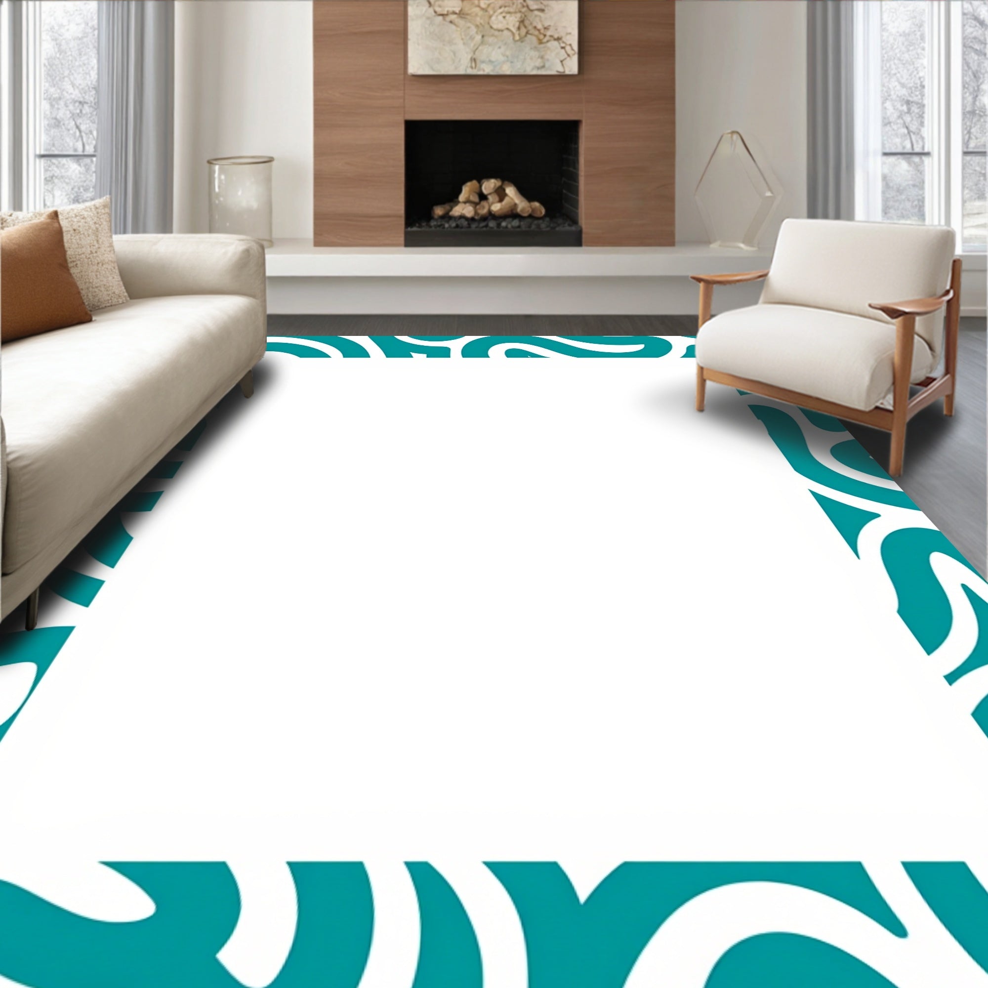 Teal Swirl Border Abstract Pattern Rug